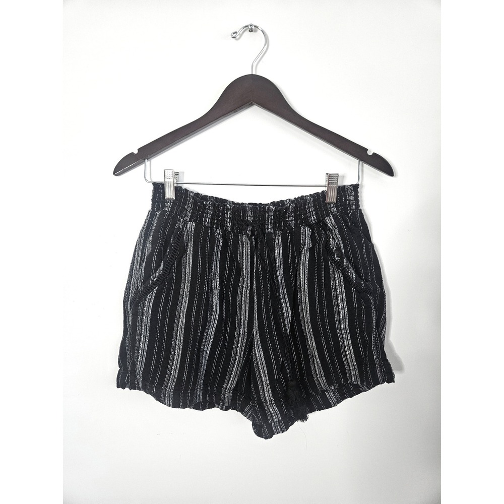 Briggs Women's Linen Blend Shorts Size Medium M Black Striped Elastic Drawstring